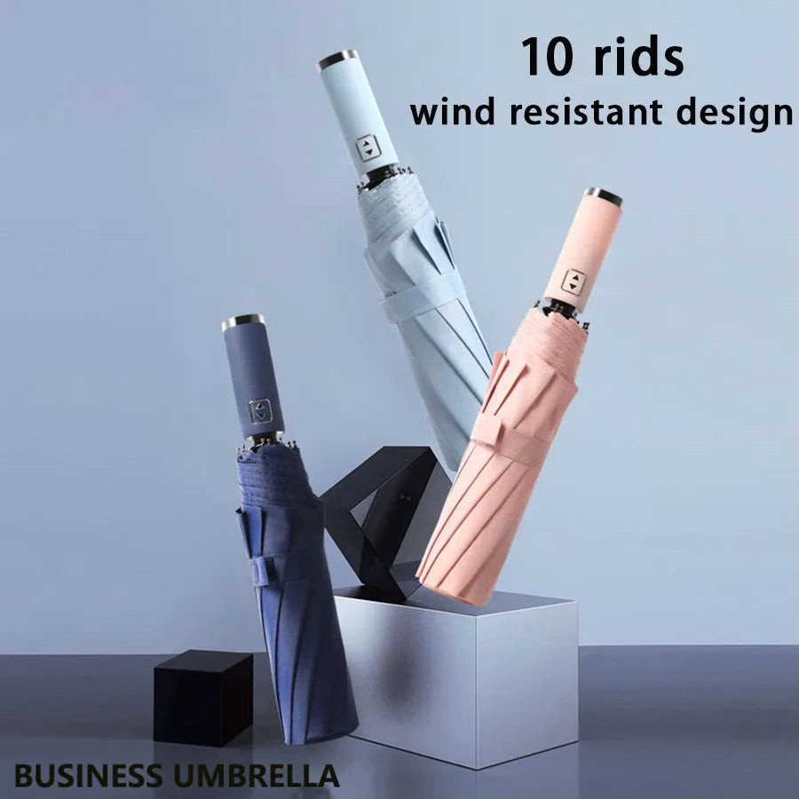 Automatic Folding Umbrella 10 Rib Windproof UV Protection Three Fold Compact Travel Umbrella Sun Rain Use