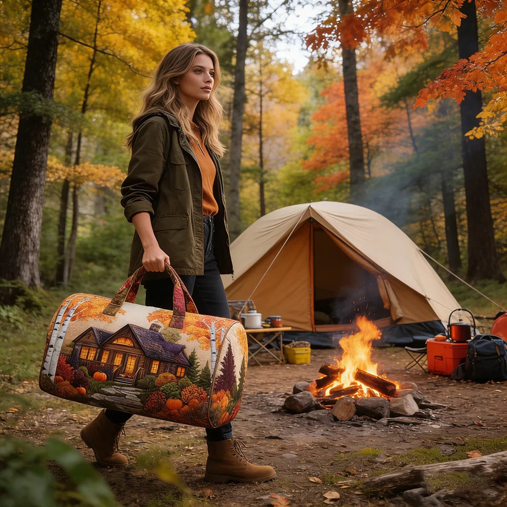 3D Print Quilted Travel Bag Autumn Mountain Forest Cabin Tote Weekender Duffle for Women Men Vintage Nature Landscape Hangbag