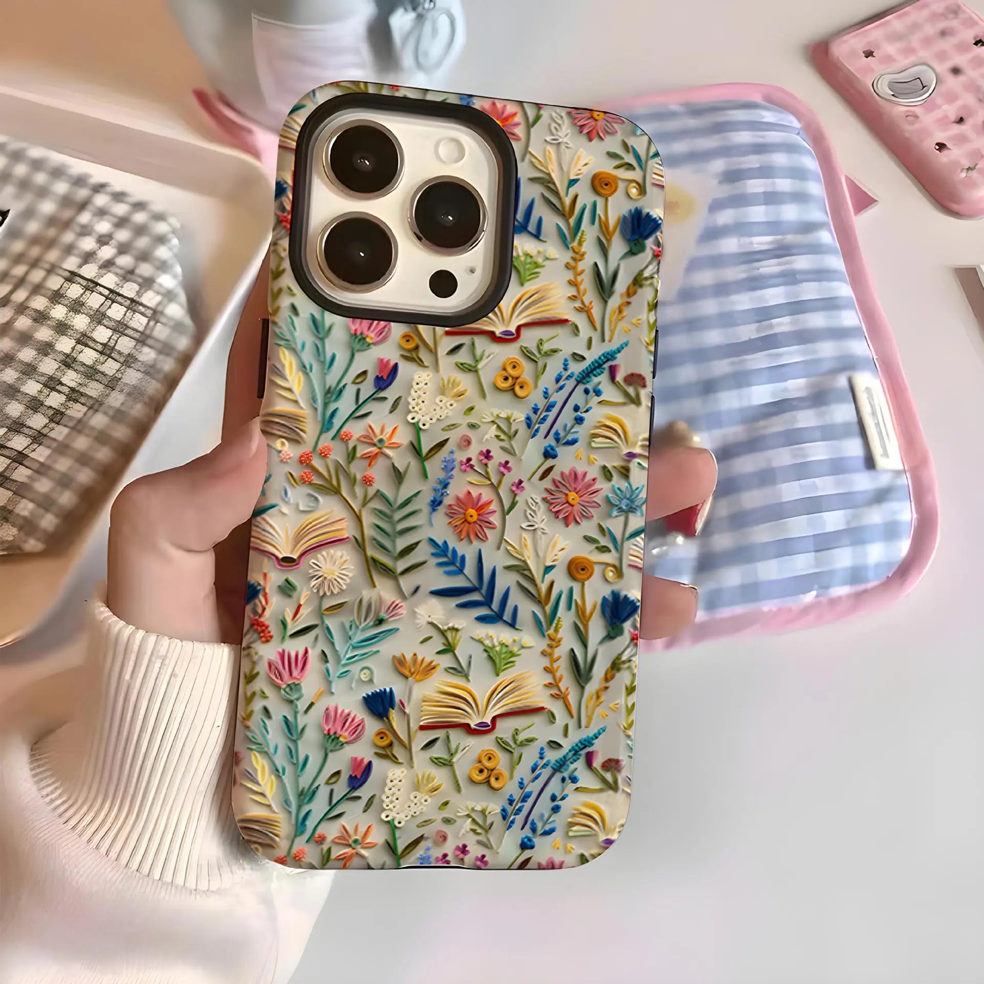 Romantic Wildflower Boho Embroidery Phone Case for iPhone 16 15 Pro Max Plus – 2 in 1 Hard Protection