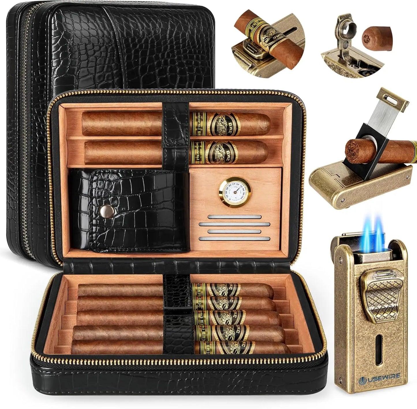 Leather Cigar Humidor with Cigar Lighter,Built-in Straight Cigar Cutter and Cigar Punch,Humidifier and Cedar Tray