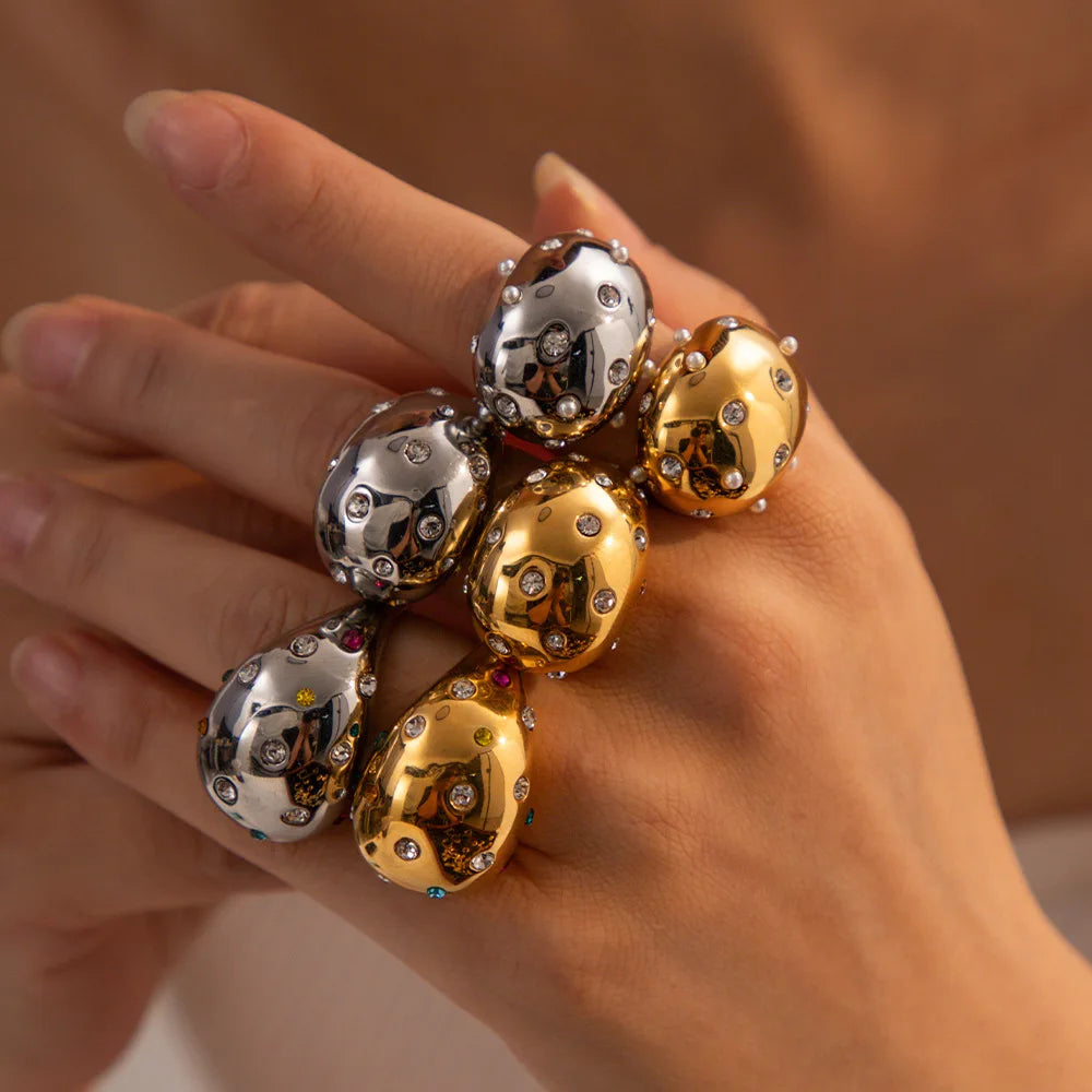 Smooth Gold Color Chunky Round Dome Rings for Women Pave Zircon Teardrop Open Rings