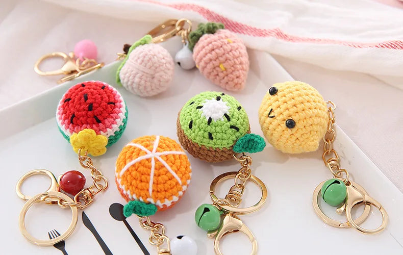 5 Pcs Handmade Weaving Keychain Wool Crochet Unique Knitted Pendant Keyring Strawberry Watermelon Orange Pendant Key Chain Gifts