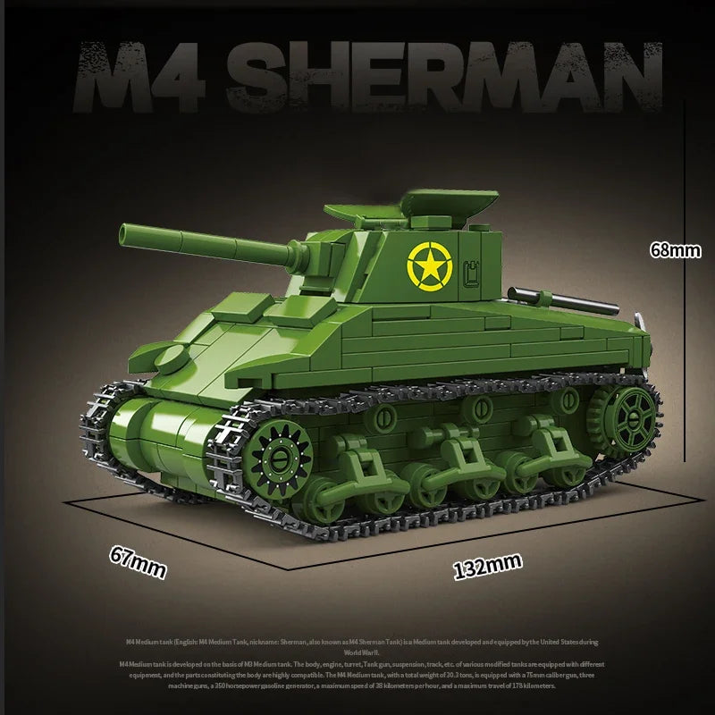 US Army Military World War WW2 M4 Sherman 75 Medium Tank Building Blocks Stuart Tank Bricks Educational Toys for s Gift