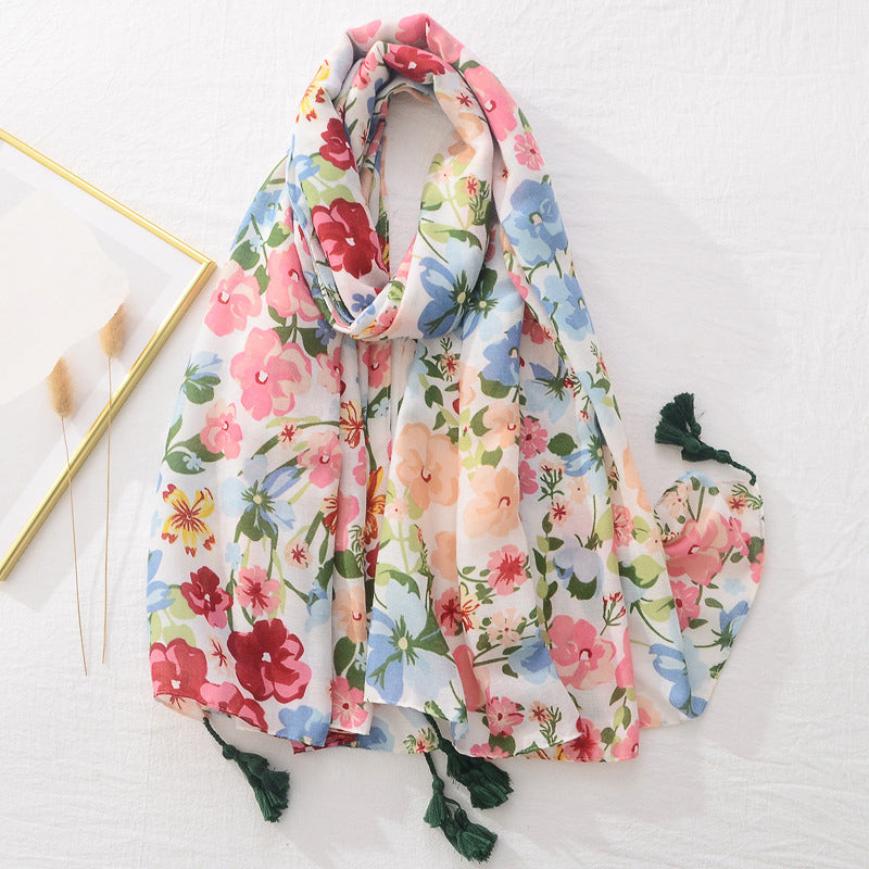 Spring Scarf Pink Blue Floral Paisley Printed Scarves Women Lady Girl Cotton Linen Bohemian Scarf For Summer Beach Shawl Bandana