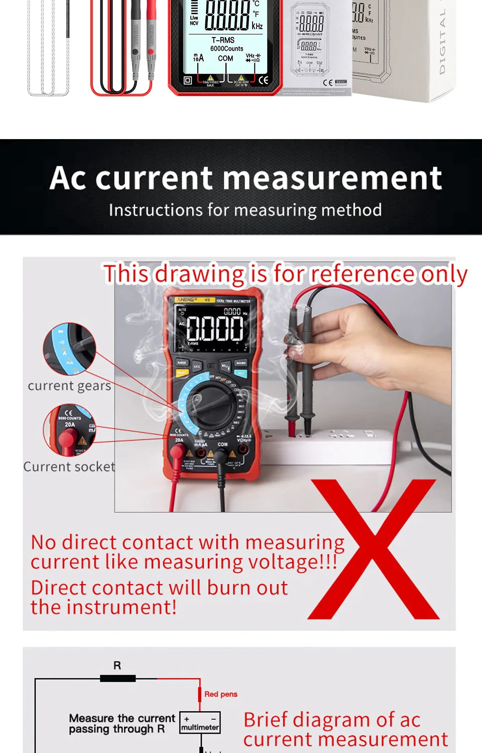 6000 Counts Digital Smart Multimeter Transistor Testers True RMS Auto Electrical Capacitance Meter Temp Resistance