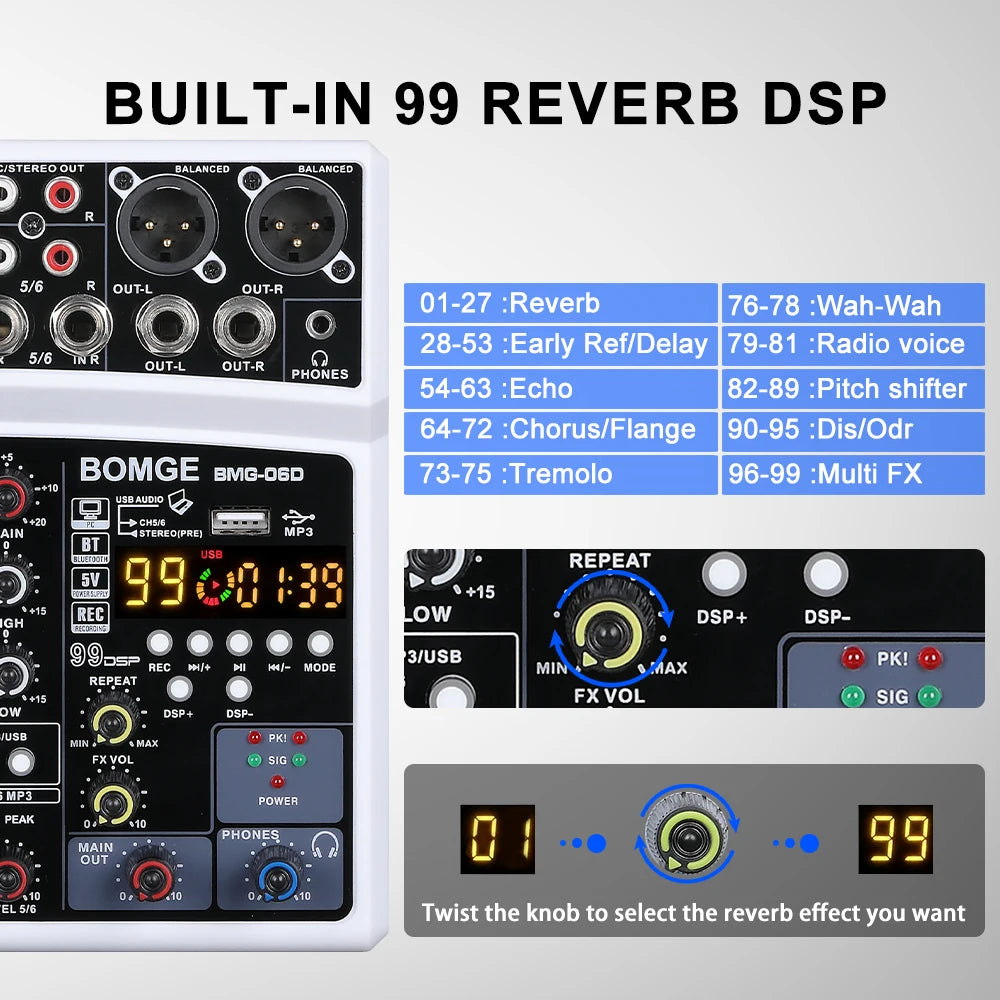 6 Channel Audio Mixer Console with USB Bluetooth 99 DSP Effects and 48V Phantom Power