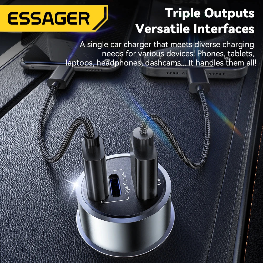 45W USB C Car Charger 3 Port PD 3.0 QC 3.0 PPS Fast Charging with Lightning iP Port