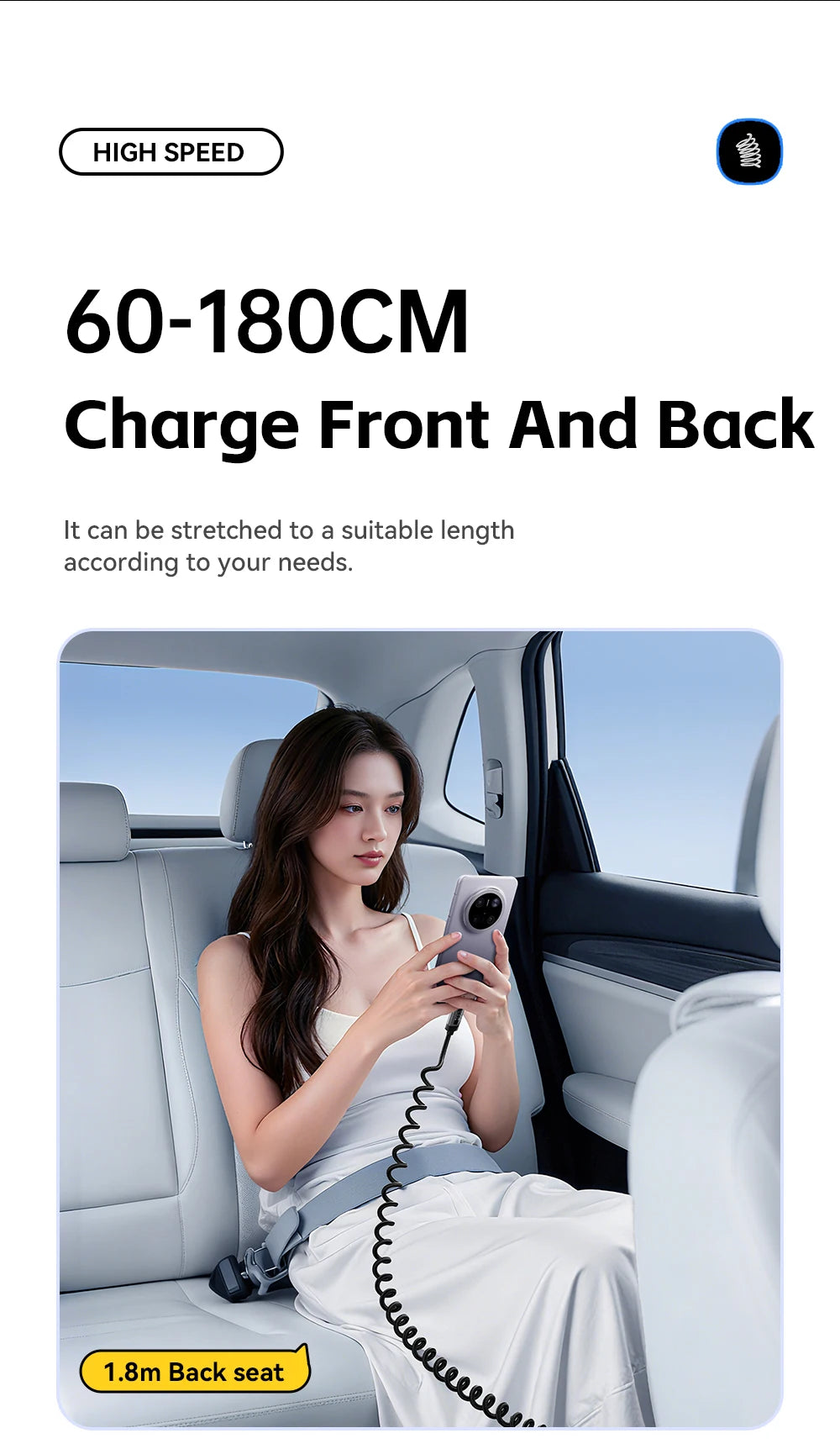 100W Car Spring USB-C to USB-C Fast Charging Cable (Retractable)