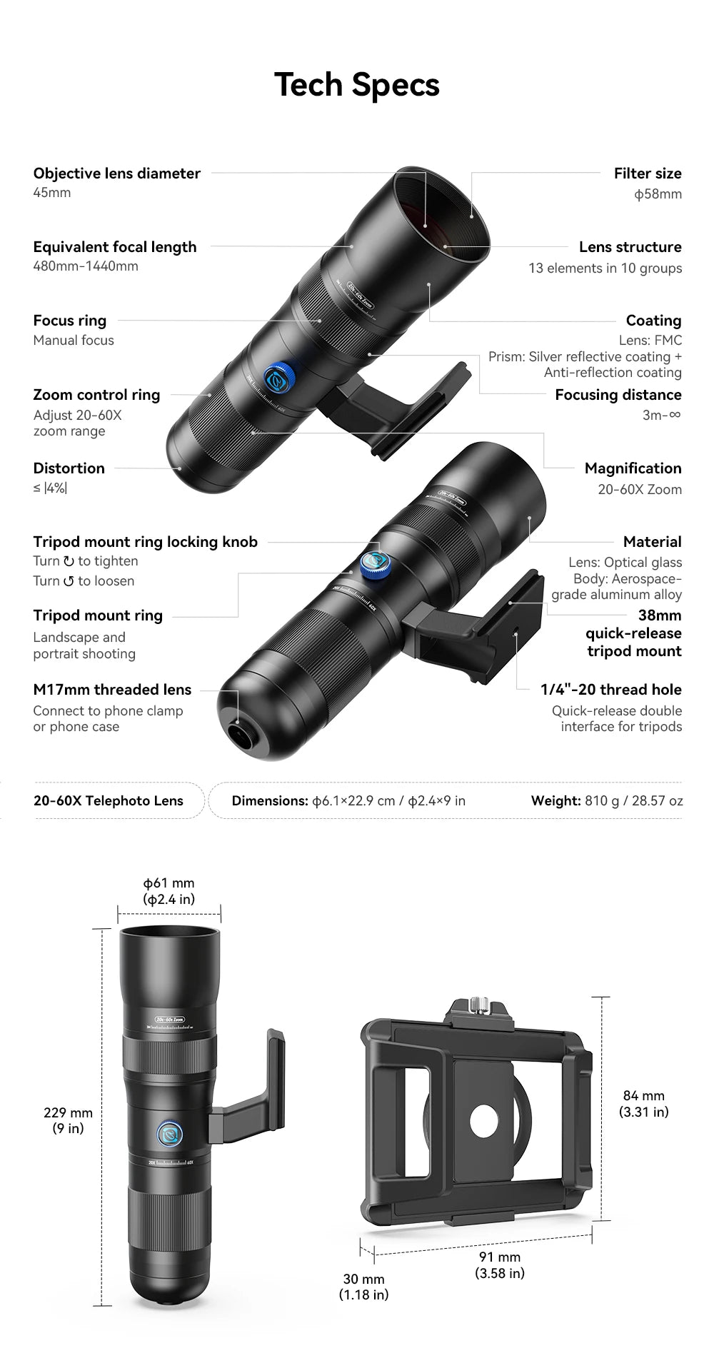 20X to 60X HD Mobile Phone Telephoto Zoom Lens with Universal Clip