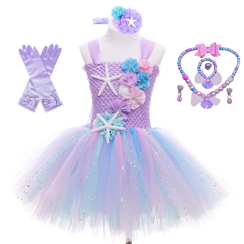 Pastel Mermaid Princess Tutu Dress with Flower Headband Party Costume