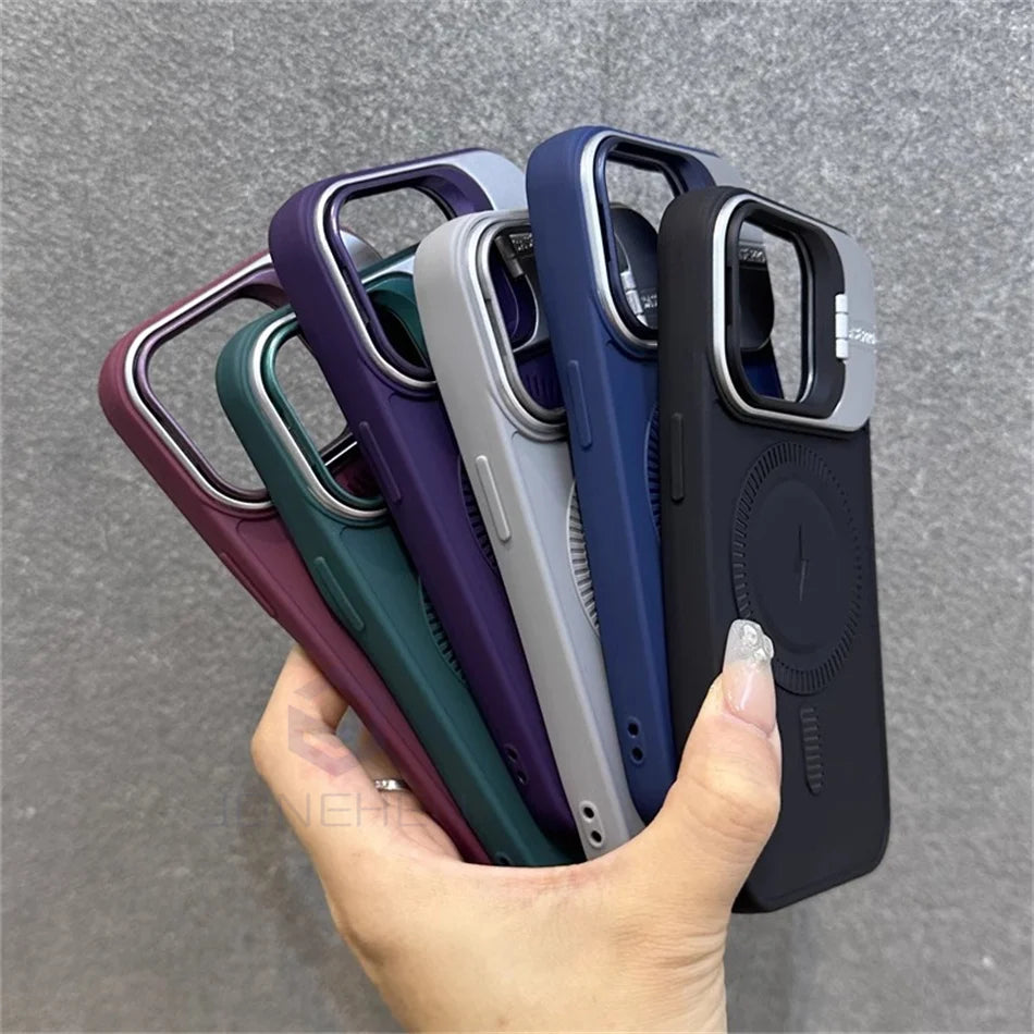 Luxury Armor Stand Lens Soft Silicone Case For IPhone 15 14 Plus 13 16 Pro Max For Magsafe Magnetic Wireless Charge Cover