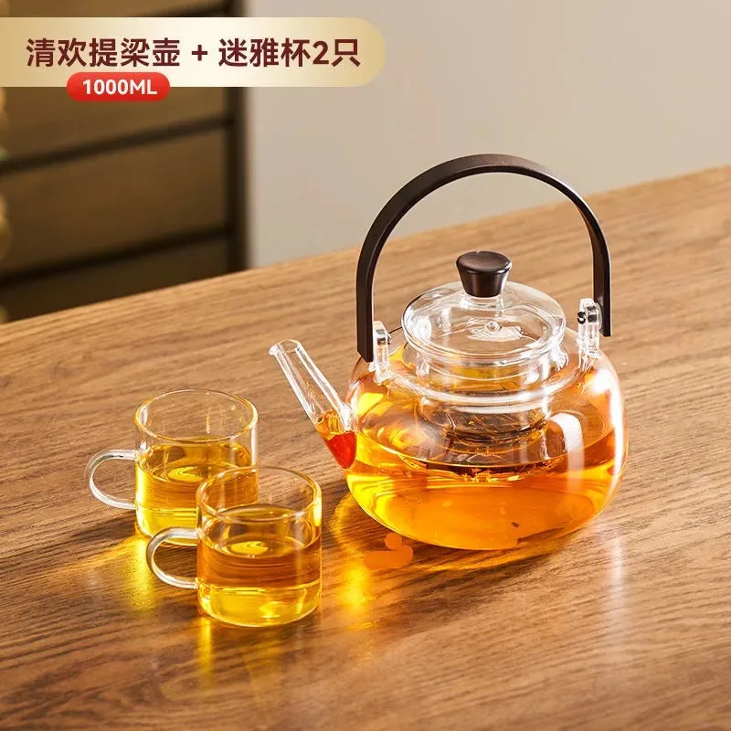 Heat Resistant Glass Tea Kettle with Filter Bamboo Handle Flower Tea Pot 1L