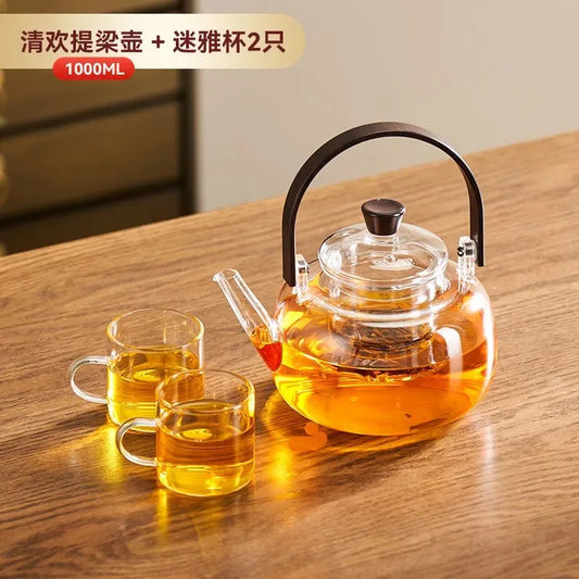 Heat Resistant Glass Tea Kettle with Filter Bamboo Handle Flower Tea Pot 1L