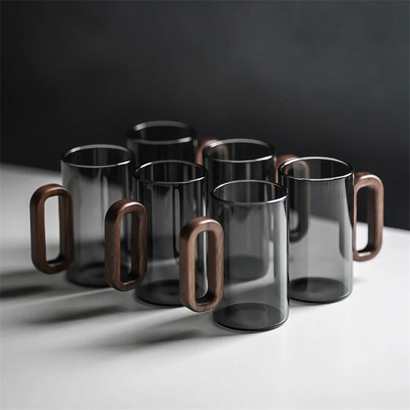 350ml High Borosilicate Glass Coffee Cup with Walnut Wooden Handle Heat-Resistant Glass Home Tea Milk Coffee Mug Breakfast Cups