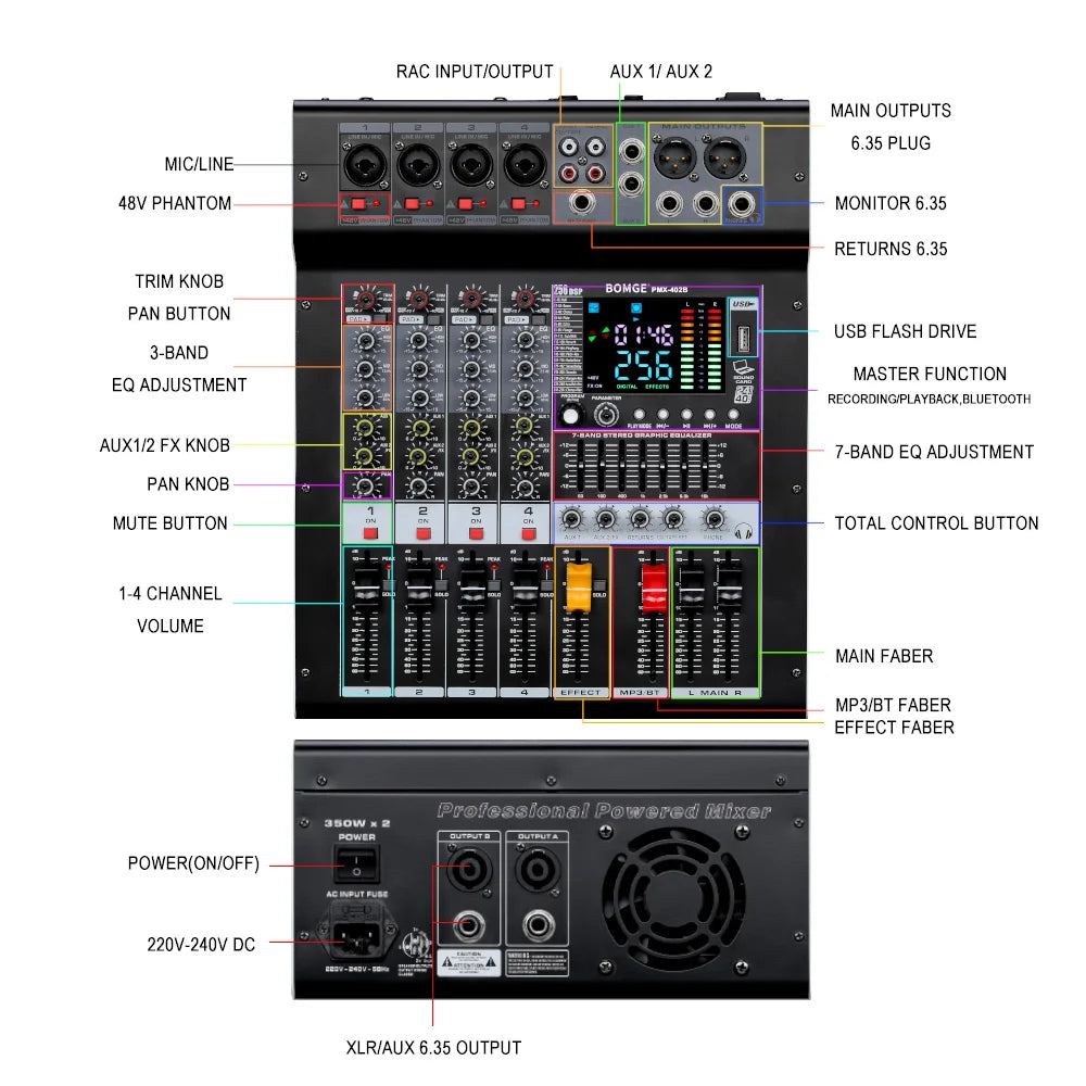 Professional 4 Channel Audio Mixer with Bluetooth and 256 Reverb Effects