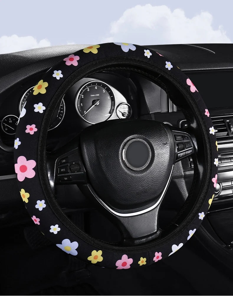 Floral Flannelette Car Steering Wheel Cover Anti Slip 38CM