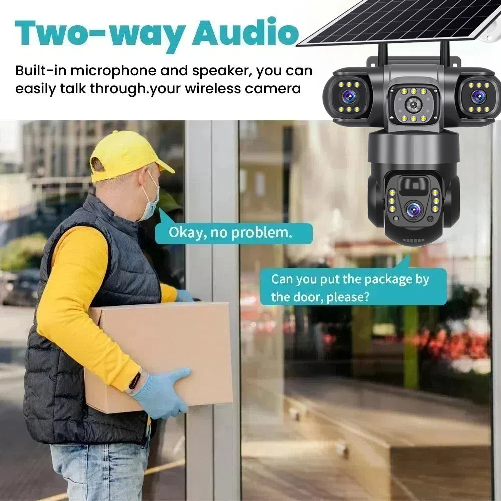 12MP 6K  Outdoor Solar 4G Camera Three Lens Three Screen PIR Motion Detection Cam Waterproof Night Vision Smart Security CCTV