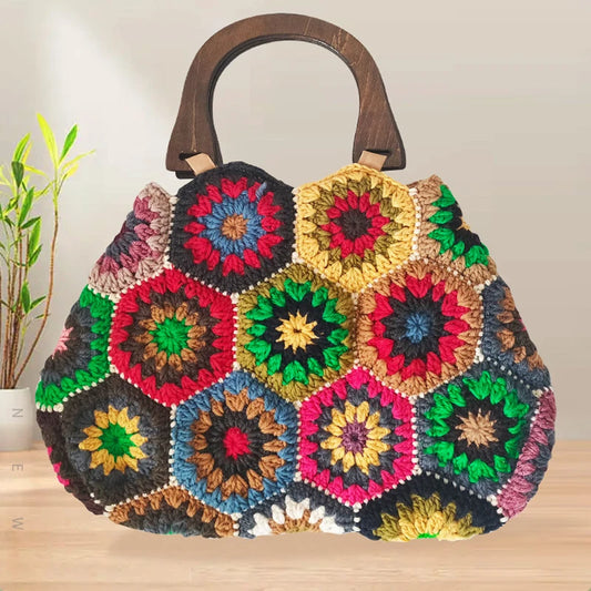 Bohemian Granny Square Crochet Tote Bag Handmade Knitted Shopper Handbag