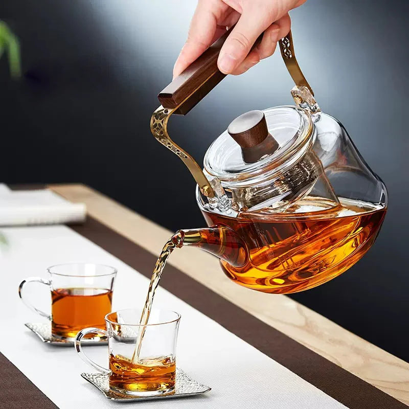 Japanese Heat Resistant Glass Tea Pot with Infuser Copper Wood Handle 1150ml High Borosilicate Tea Kettle