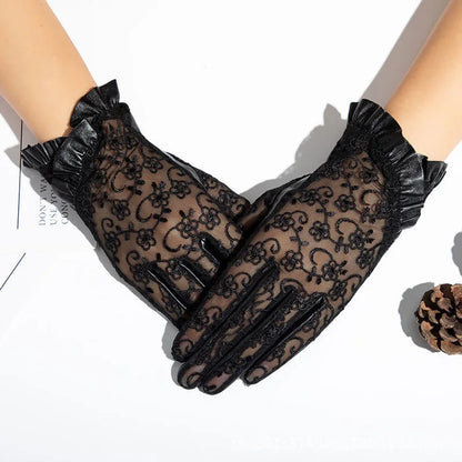 Spring Women Real Leather Gloves Ladies Elegant Gloves Women's Black Driving Gloves Anti-UV Touch Screen Lace Mittens