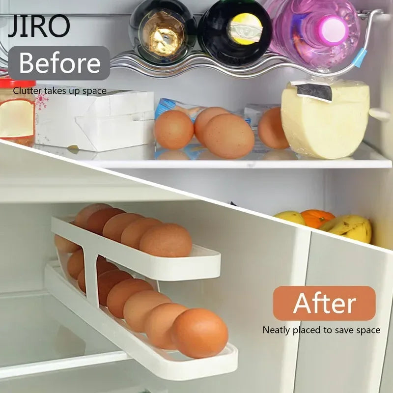 Automatic Rolling Egg Holder Rack – Refrigerator Egg Storage Box Kitchen Fridge Organizer