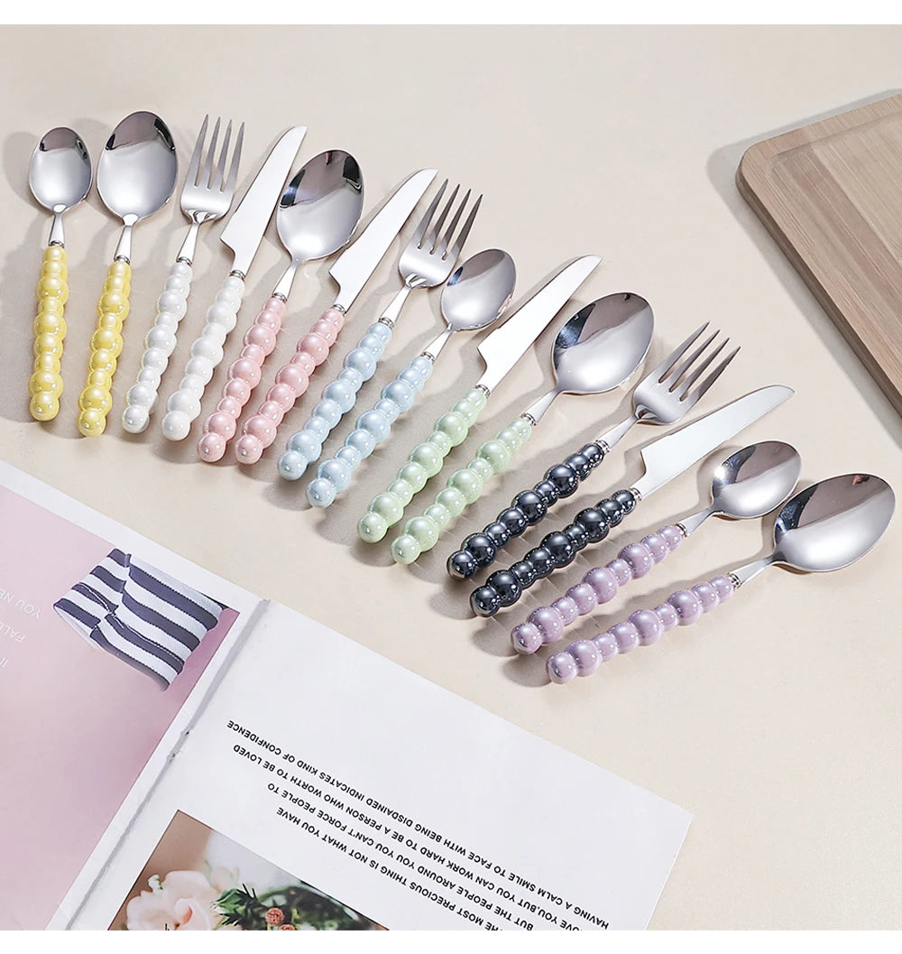 4Pcs Luxury Dinnerware Set Ceramic Pearl Handle Stainless Steel Spoon and Fork Set Western Silver Cutlery High-looking Tableware