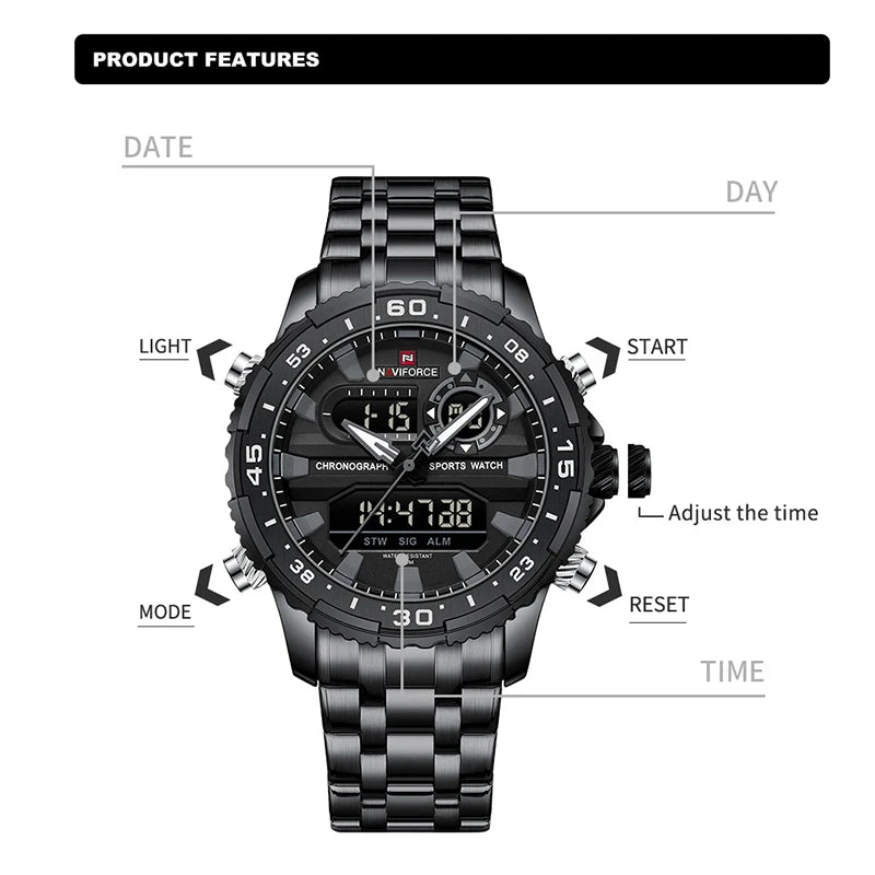 Men's Watch Quartz Analog LCD Digital Wristwatch Male Stainless Steel Strap Water Resistant Date Clock