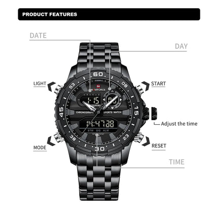 Men's Watch Quartz Analog LCD Digital Wristwatch Male Stainless Steel Strap Water Resistant Date Clock