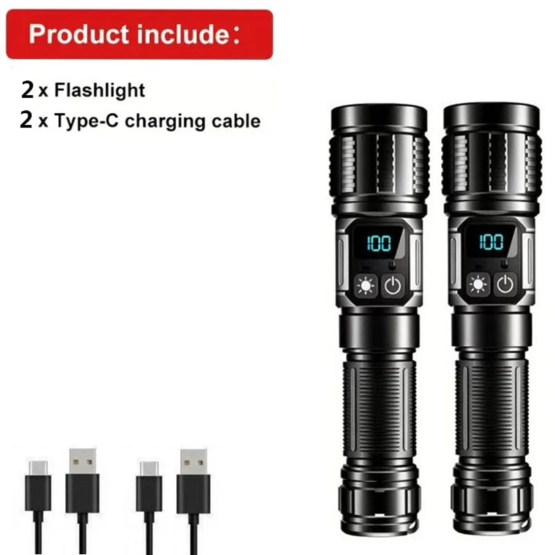 Rechargeable LED Flashlight With Magnetic Base Zoom And Power Display