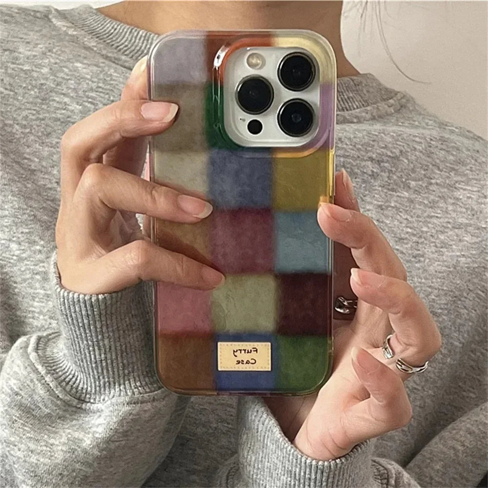 Dopamine Color Block Match Plaid Phone Case For iPhone 17 16 15 14 16E Grid Label Matte Cover