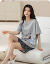 2-Pcs Women’s Cotton Pajama Set – Breathable Short Sleeve Summer Sleepwear with Cute Prints