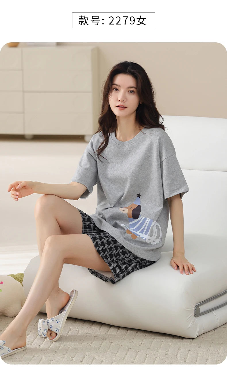 2-Pcs Women’s Cotton Pajama Set – Breathable Short Sleeve Summer Sleepwear with Cute Prints