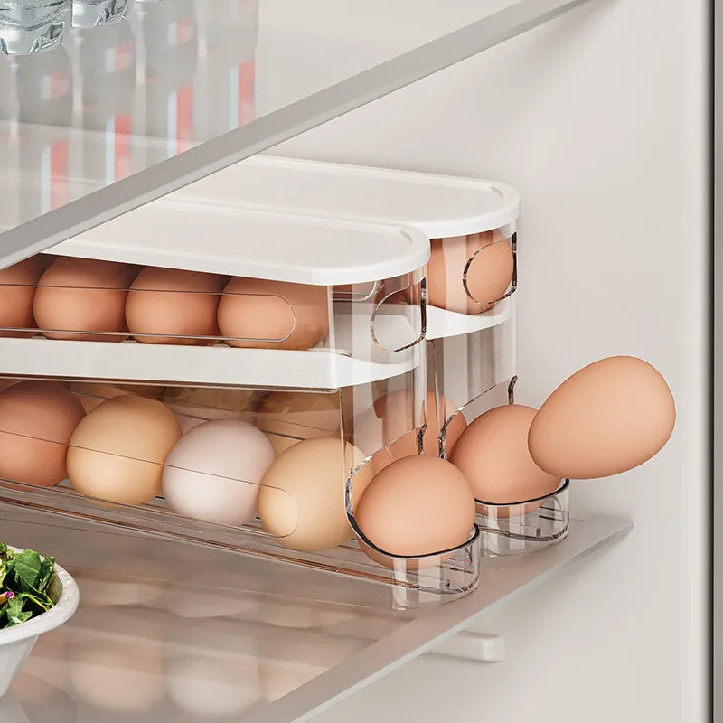 Bilayer Automatic Rolling Egg Holder – Ladder Style Refrigerator Egg Storage Dispenser Rack