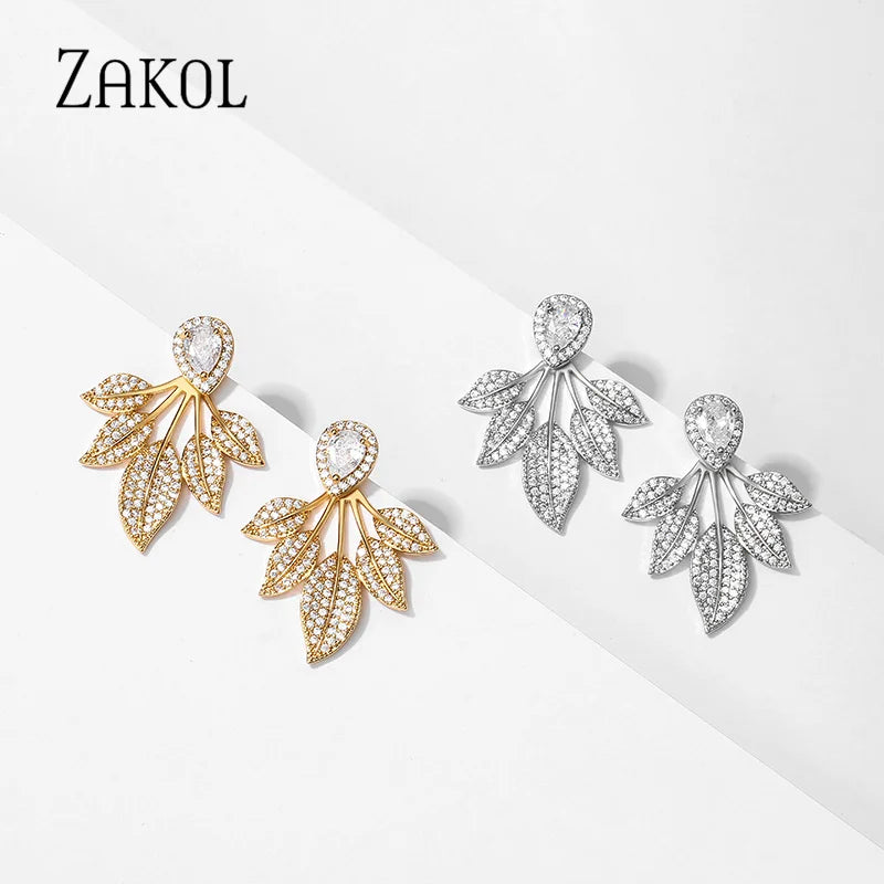 Fashion Gemoetric Cubic Zirconia Dangle Earrings for Women Gold Color Leaf Earring