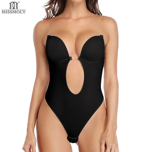 Women U Plunge Backless Bodysuit Shapewear – Deep V-Neck Tummy Control Body Shaper