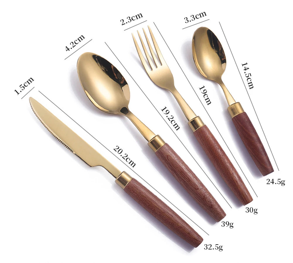 4pcs Wooden Handle Cutlery Set Stainless Steel Knife Fork Spoon Suit Sapele Wooden Western Flatware Dishwasher Safe Kitchen Item