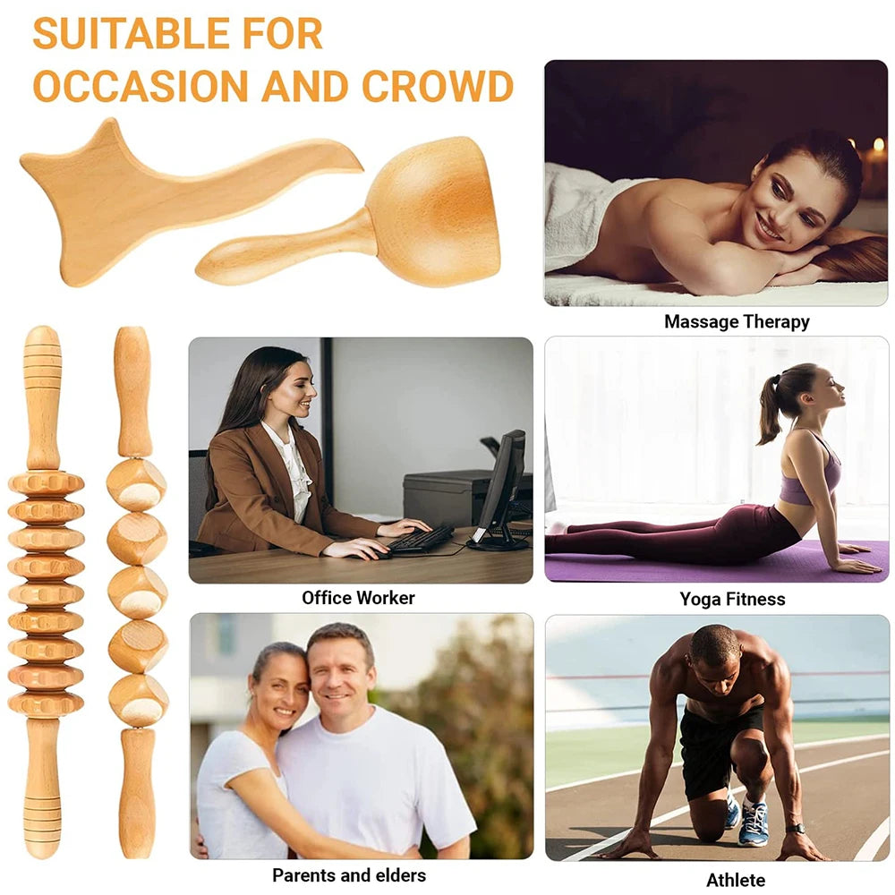 4 In 1 Wooden Therapy Massage Tools Anti Cellulite Massager Muscle Pain Relief Wooden Kit for Body Shaping & Sculpting