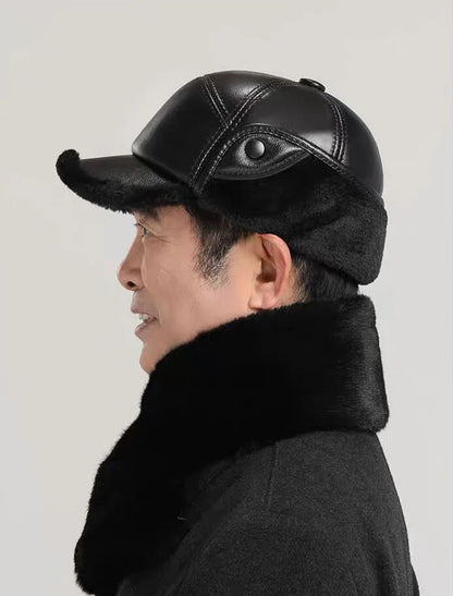 Winter Men's Hat Thicken Leather Cowskin Baseball Caps Bomber Hats With Ears Warm