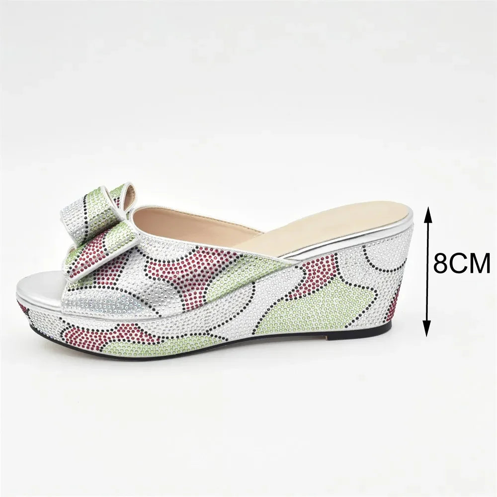 Design Italian Shoes and Bags Matching Set Decorate with Rhinestone Wedges Shoes for Women Luxury Round Toe Platform Shoes