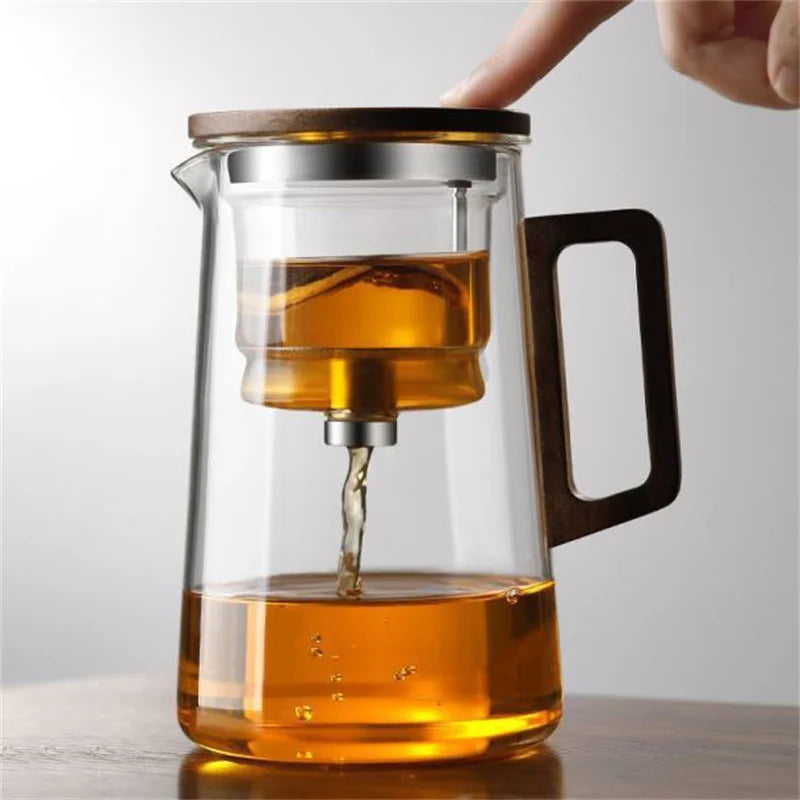 Water Separation Glass Teapot with One Click Tea Infuser and Wood Handle