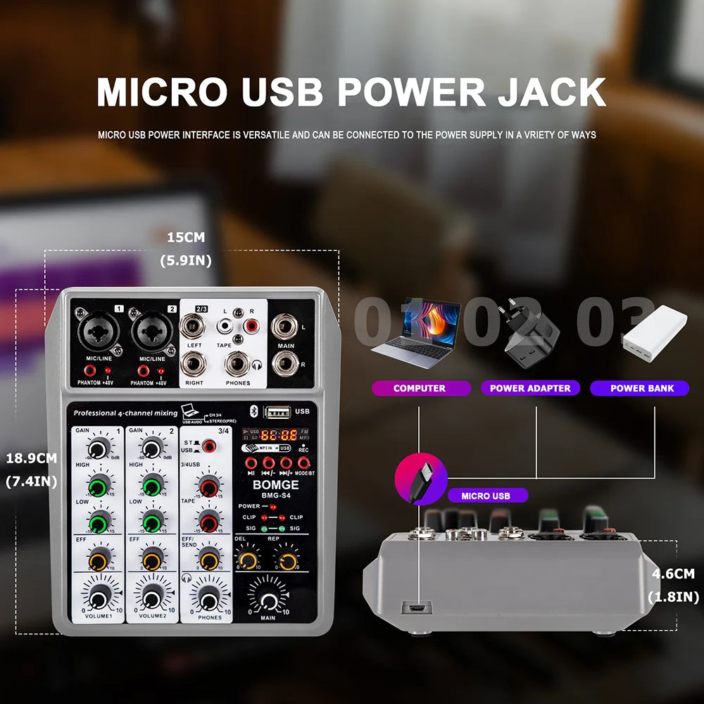 Professional 4 Channel Audio Mixer with USB Bluetooth Echo Delay and 48V Phantom Power