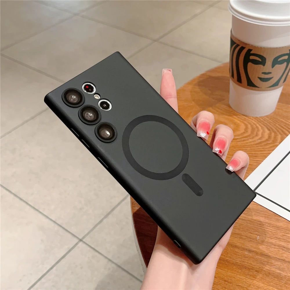 Matte For MagSafe  Wireless Charging Case For Samsung S24 S23 S22 Ultra Plus S21 FE Soft Silicon Lens Protection Cover