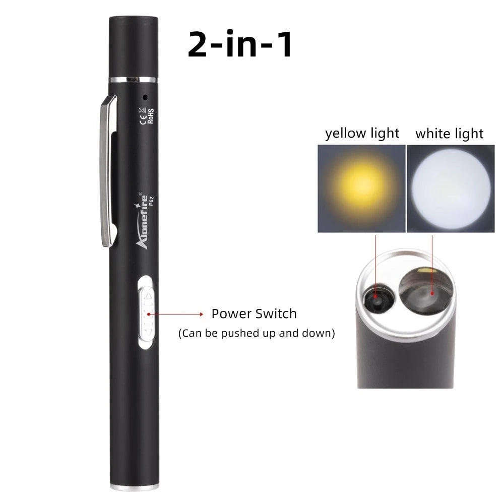 2 Pack 2 In 1 White Yellow Rechargeable Mini Pen Light Flashlight