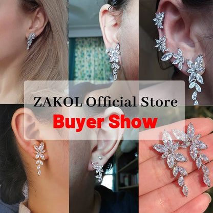 Leaf Zircon Wedding Earrings for Women White Gold Color Marquise Crystal Bridal Earring