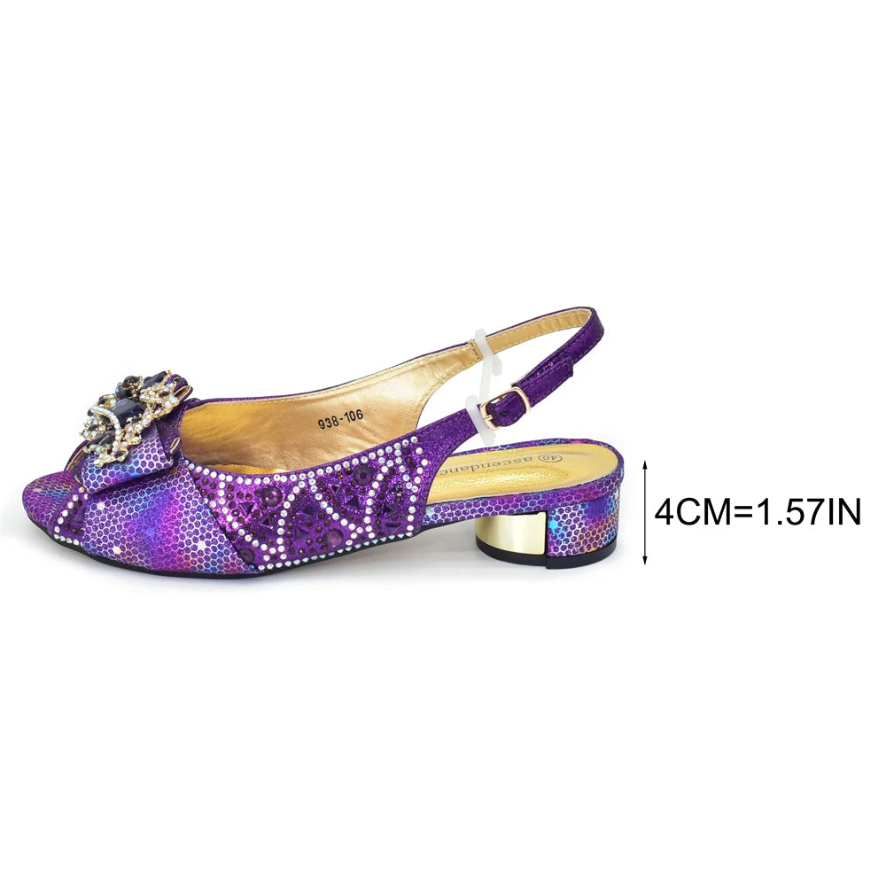 Pattern Popularity Newest Sandals Ladies Shoes and Bag Set Full Diamond Fashion Design Purple Color Pumps for Wedding Party