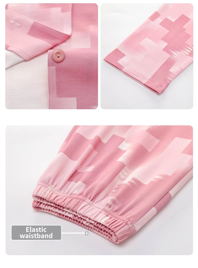 Women’s Winter 100% Cotton Pajama Set – Loose Fit, Turn-Down Collar, Long Sleeves, Cute Pink