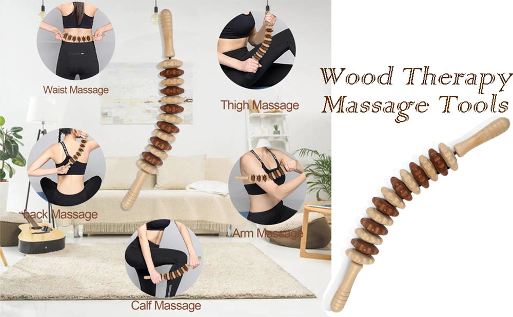 2 PCS Wood Therapy Massage Tools, Portable Manual Wooden Massage Wood Back Massage Roller Rope, Wood Massager Handheld Roller