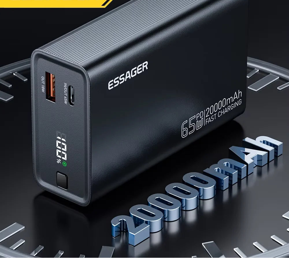 20000mAh Power Bank 65W PD Fast Charging Portable Battery with Built-in Cables & Digital Display