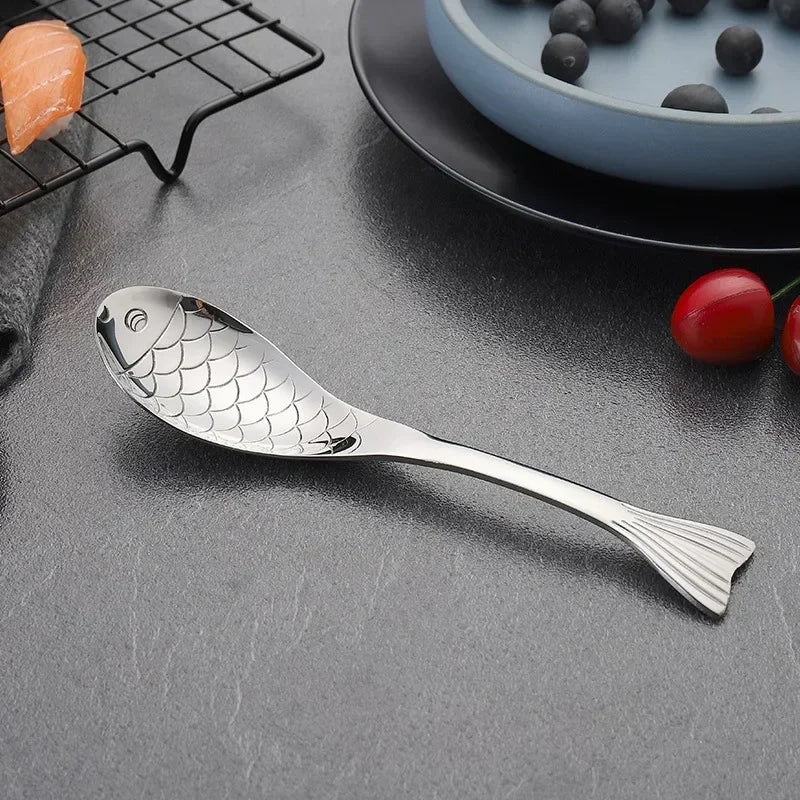 Cute Fish-Shaped Stainless Steel Soup Spoon, Food Grade Cutlery for Ice Cream Desserts, Creative Mermaid Spoon Kitchen Tableware