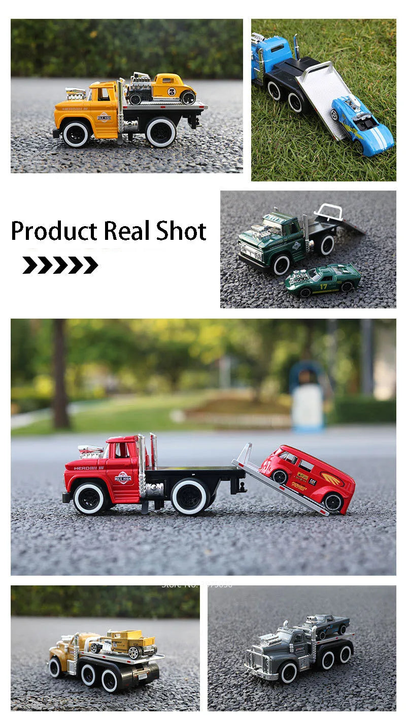 1:60 Scale American Muscle Alloy Trailer Cars Diecast Models Toys with Sound Light Pull Back Vehicle Boys Collection Gifts